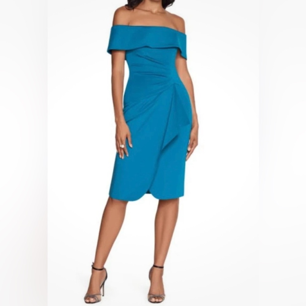 Elegant Teal Blue Off- Shoulder Ruched Scuba Cocktail Dress Xscape